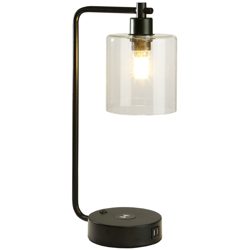 19 in. Clear Table Lamp with Wireless Charger and Glass Shade
