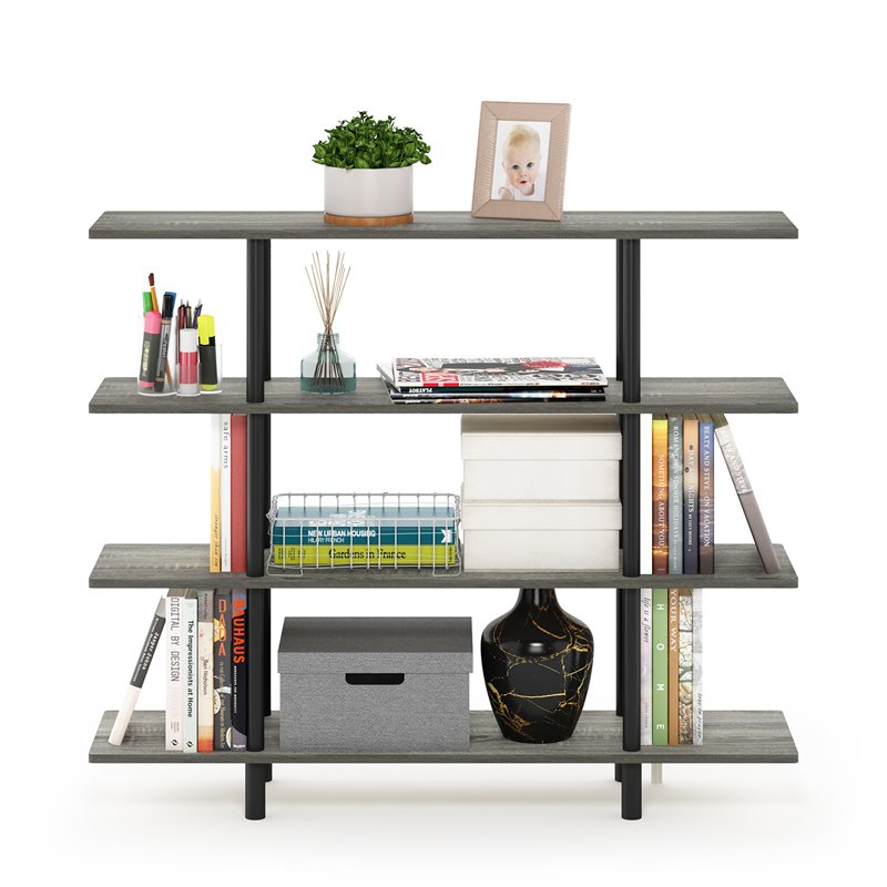 Furinno TURN-N-TUBE Engineered Wood 4-Tier Wide Display Shelf in French Oak Gray