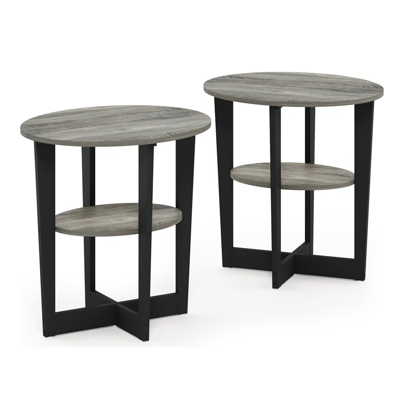 Furinno JAYA Engineered Wood Oval End Table in French Oak Gray/Black (Set of 2)