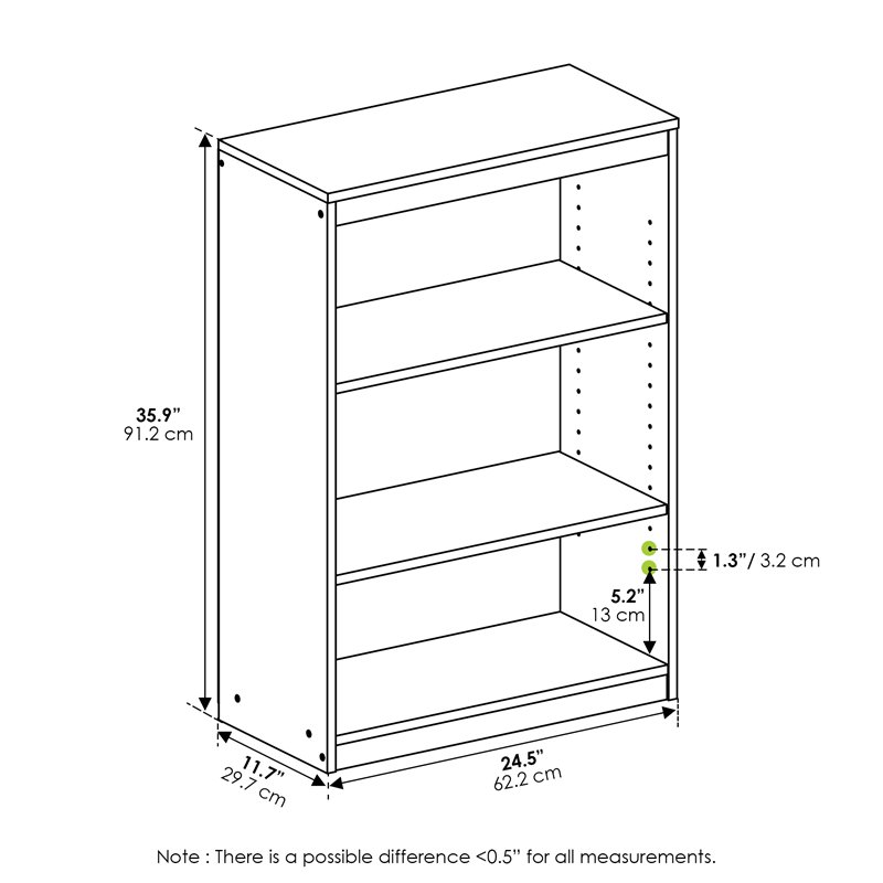 Furinno GRUEN Engineered Wood 3-Tier AdJUSTable Shelves Bookcase in Espresso