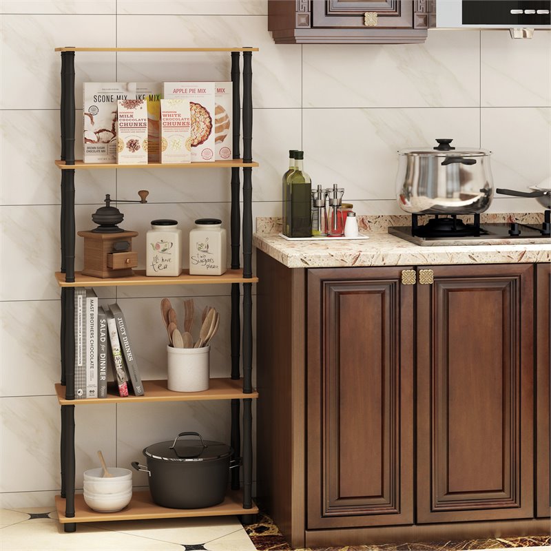 Furinno TURN-N-TUBE Engineered Wood 5-Tier Shelf Display Rack in Light Cherry