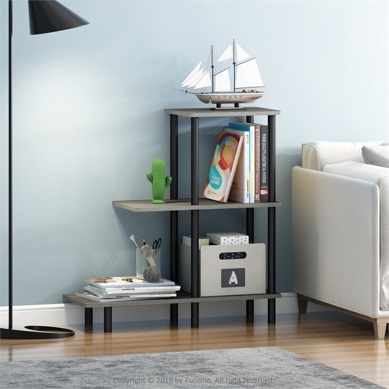 Furinno TURN-N-TUBE Engineered Wood 3-Tier Sofa Side Table Tall in Oak Gray
