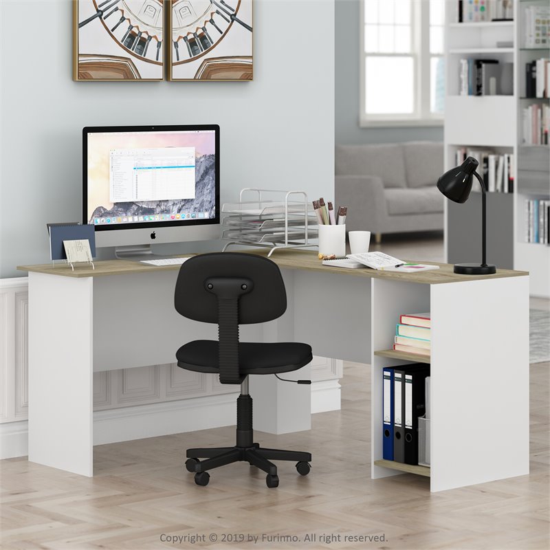 Furinno INDO Engineered Wood L-Shaped Desk with Bookshelves in Sonoma Oak/White