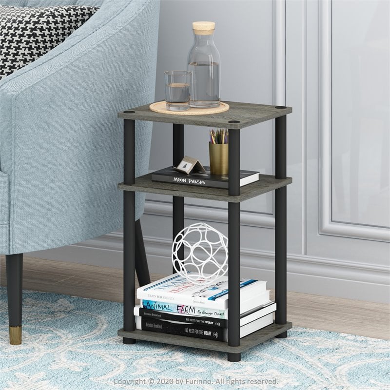 Furinno JUST Turn-N-Tube Wood 3-Tier End Table in French Oak Gray/Black