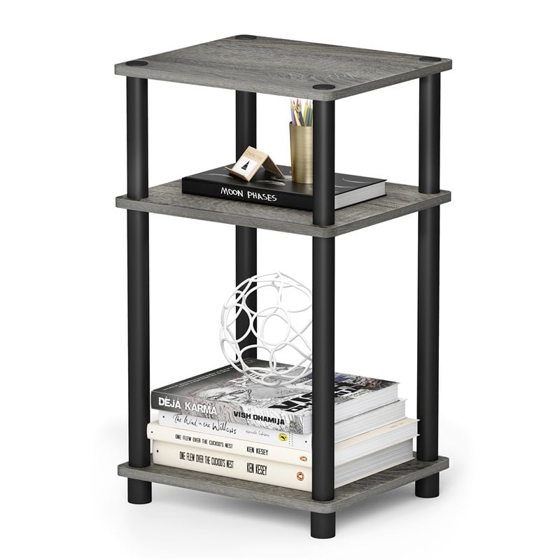 Furinno JUST Turn-N-Tube Wood 3-Tier End Table in French Oak Gray/Black