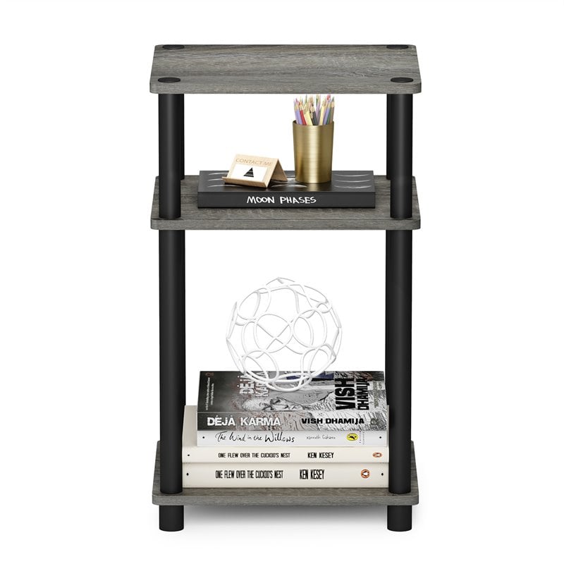 Furinno JUST Turn-N-Tube Wood 3-Tier End Table in French Oak Gray/Black