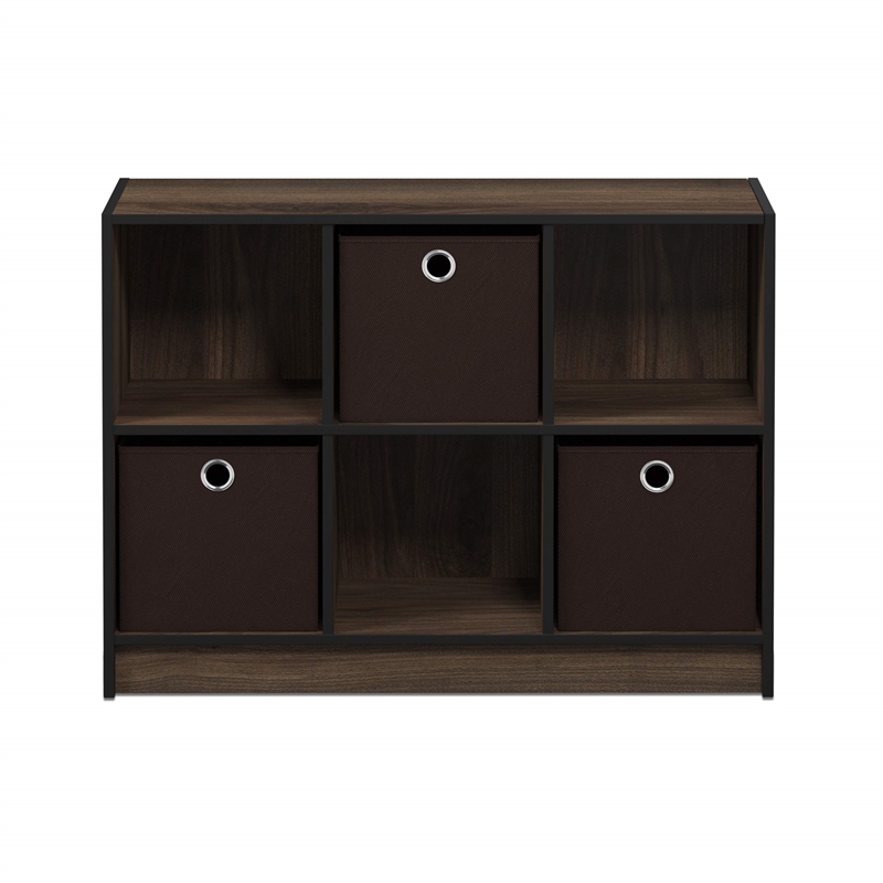 Furinno BASIC Wood 3x2 Bookcase Storage w/Bins in Columbia Walnut/Dark Brown