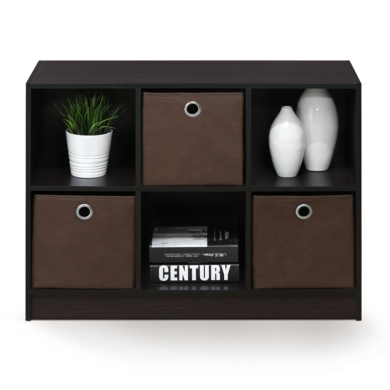 Furinno BASIC Engineered Wood 3x2 Bookcase Storage w/Bins in Dark Walnut