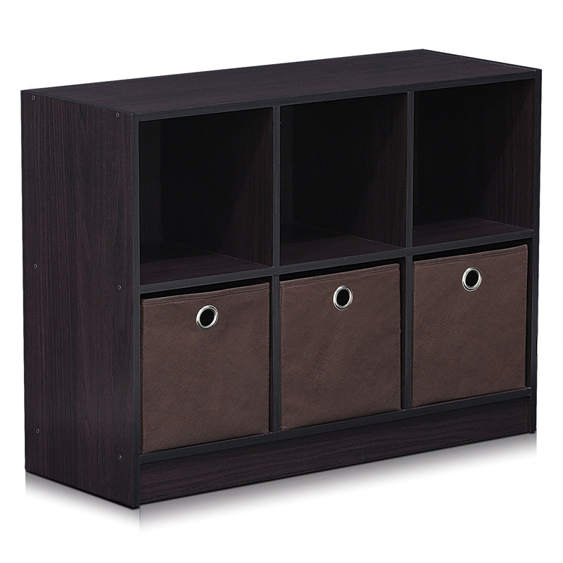 Furinno BASIC Engineered Wood 3x2 Bookcase Storage w/Bins in Dark Walnut