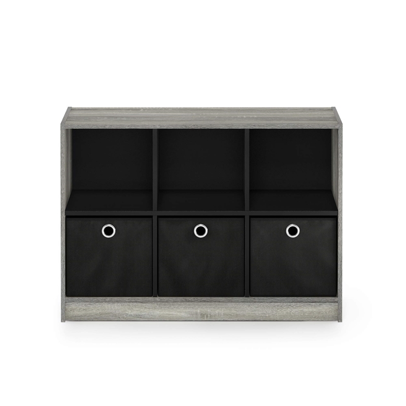Furinno BASIC Wood 3x2 Bookcase Storage w/Bins in French Oak Gray/Black