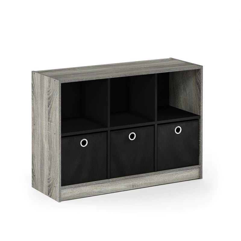 Furinno BASIC Wood 3x2 Bookcase Storage w/Bins in French Oak Gray/Black
