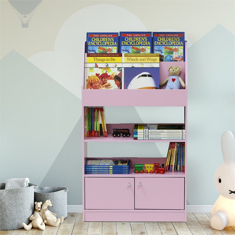 Furinno Lova Engineered Wood Magazine/Bookshelf with Storage Cabinet in Pink