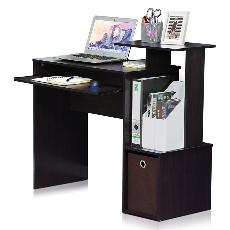 Furinno ECON Wood Multipurpose Computer Writing Desk w/Bin in Dark Walnut