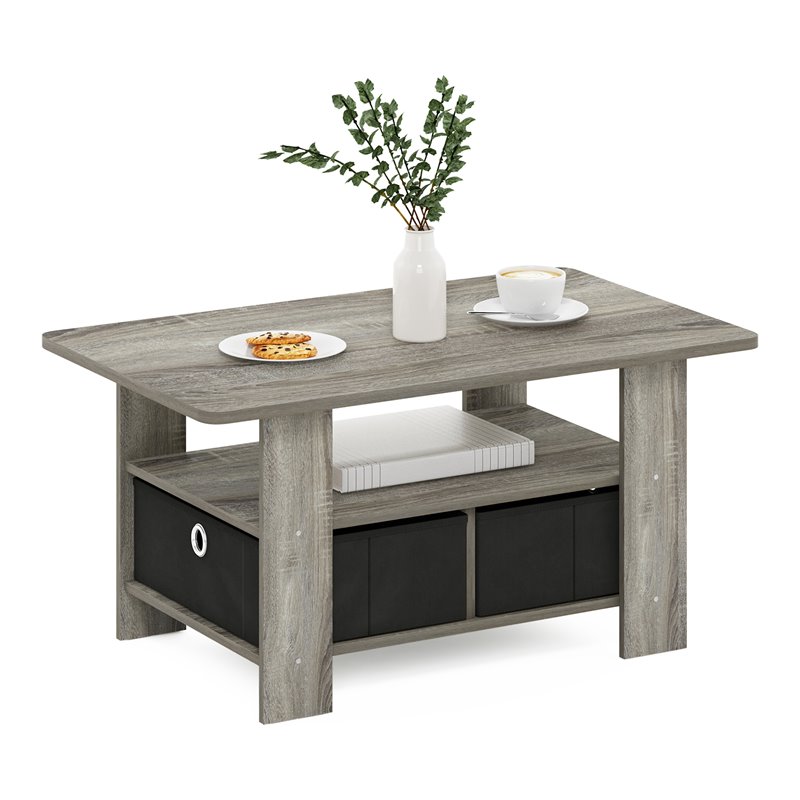 Furinno ANDREY Wood Coffee Table with Bin Drawer in French Oak Gray/Black