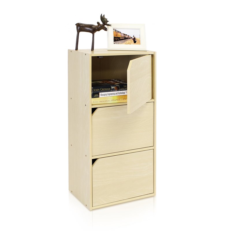 Furinno PASIR Wood 3-Tier Bookcase with Door in Steam Beech/Natural