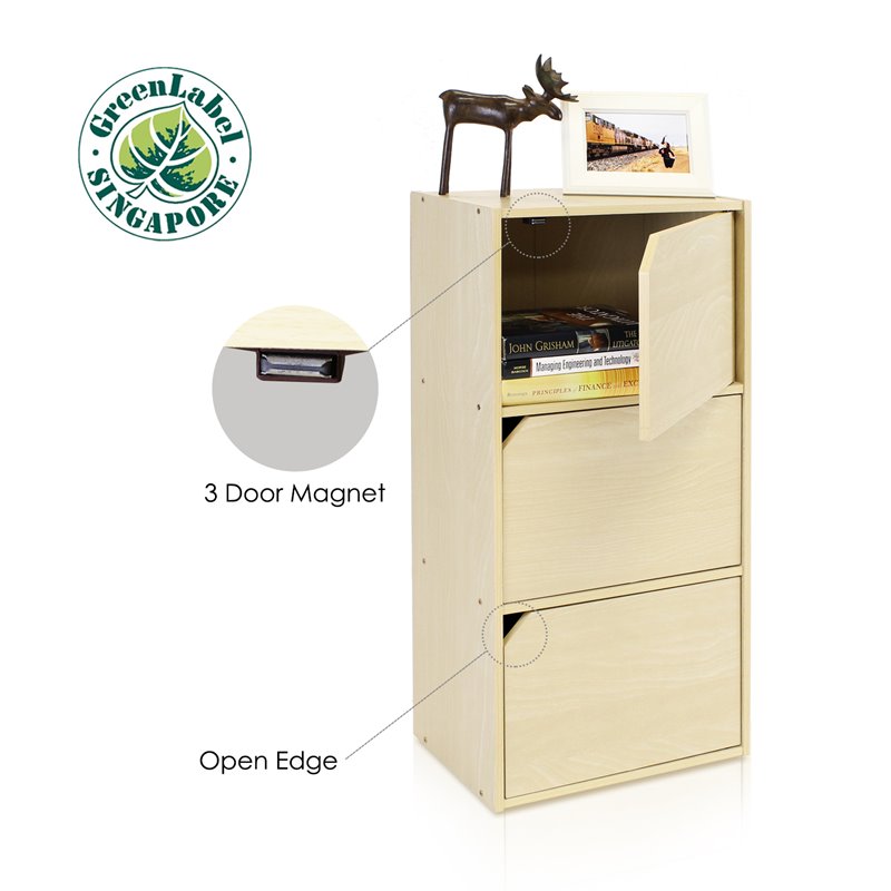 Furinno PASIR Wood 3-Tier Bookcase with Door in Steam Beech/Natural