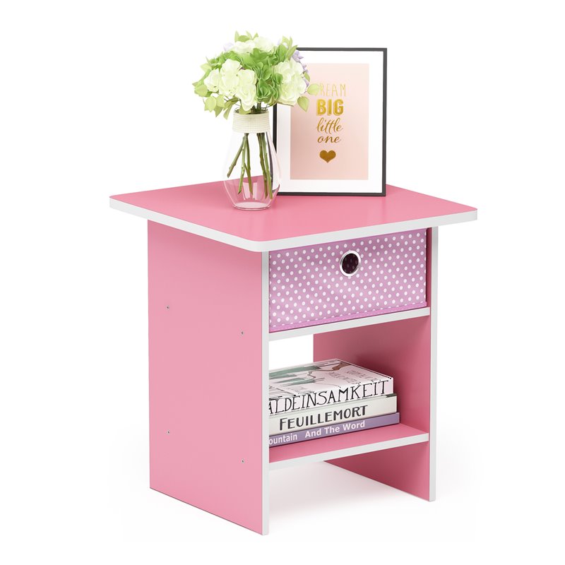 Furinno DARIO Wood End Table Storage Shelf with Bin Drawer in Light Pink