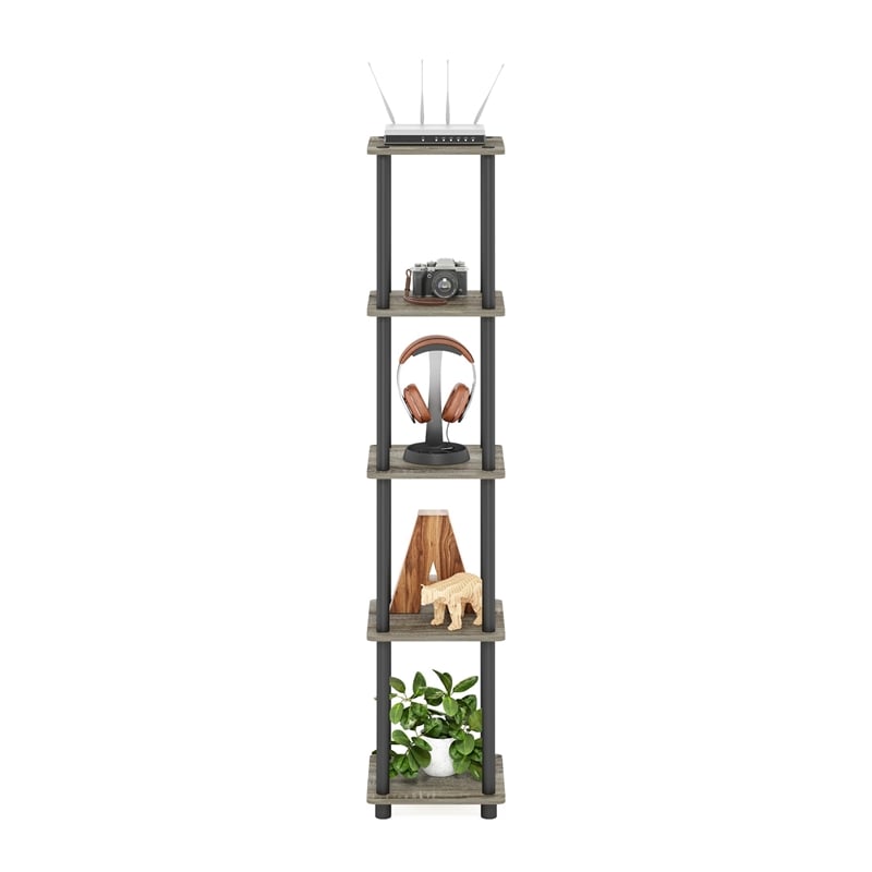 Furinno TURN-N-TUBE Wood 5-Tier Corner Rack Display Shelf in Oak Gray/Black