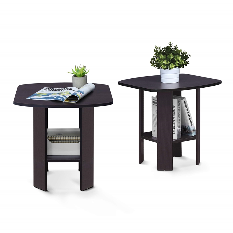 Furinno Engineered Wood Simple Design End Table in Dark Walnut (Set of 2)