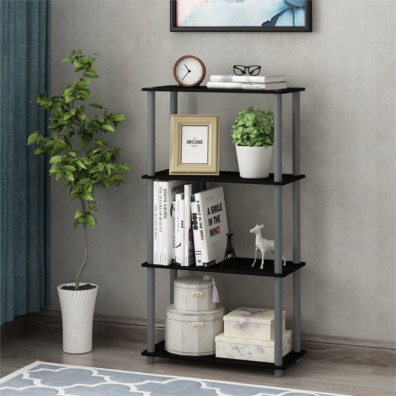 Furinno TURN-N-TUBE Wood 4-Tier Multipurpose Shelf Display Rack in Black/Gray