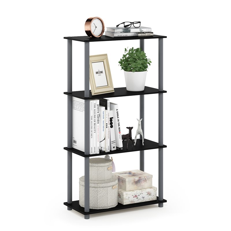 Furinno TURN-N-TUBE Wood 4-Tier Multipurpose Shelf Display Rack in Black/Gray