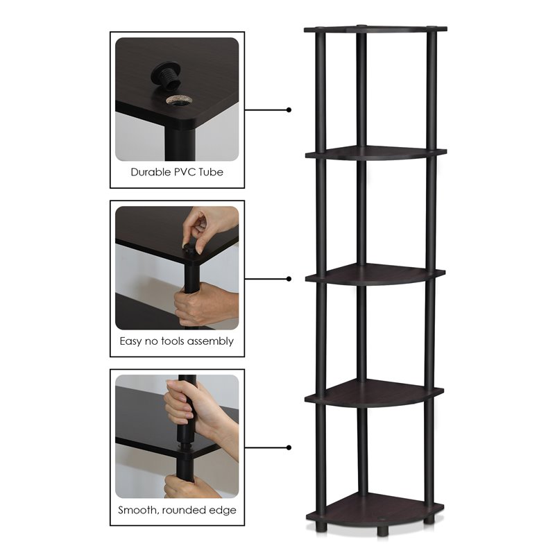 Furinno TURN-N-TUBE Wood 5 Tier Corner Display Rack in Dark Walnut