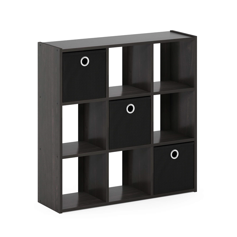 Furinno Engineered Wood SIMPLISTIC 9-Cube Organizer with Bins in Espresso/Black