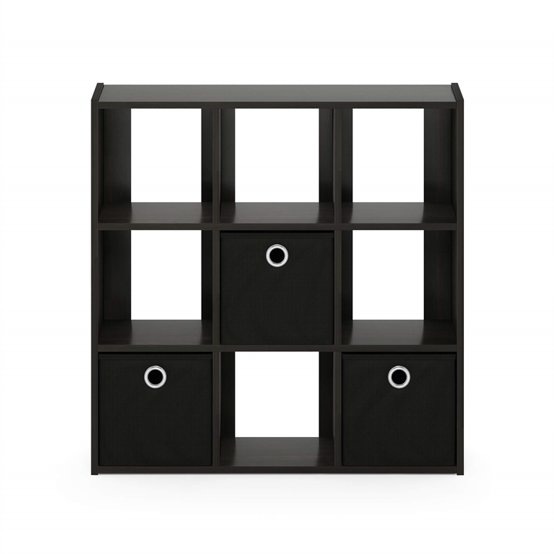 Furinno Engineered Wood SIMPLISTIC 9-Cube Organizer with Bins in Espresso/Black