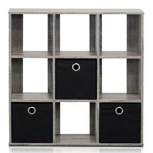 Furinno Engineered Wood SIMPLISTIC 9-Cube Organizer with Bins in Gray/Black