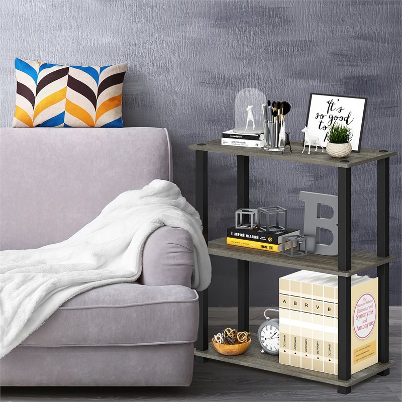 Furinno TURN-S-TUBE Wood 3-Tier Shelf Display Rack in French Oak Gray/Black