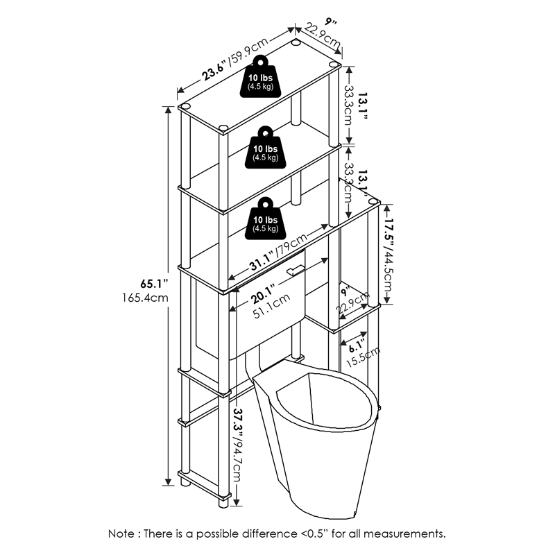 Furinno TURN-N-TUBE Toilet Space Saver with 5 Shelves in White/White