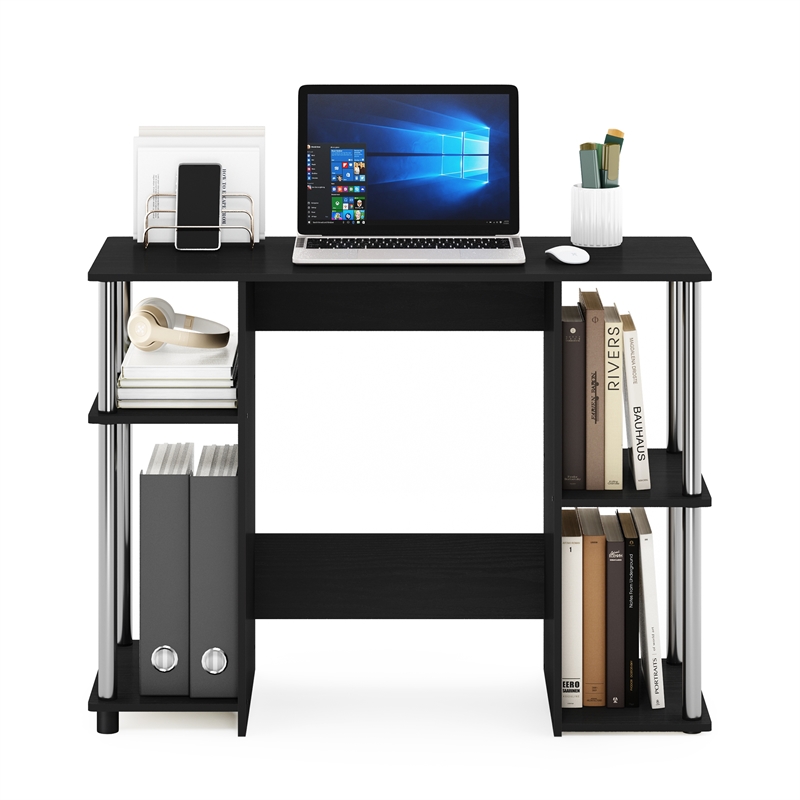 Furinno JAYA Compact Computer Study Desk in Americano in Stainless Steel Tubes
