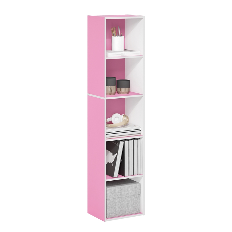 Furinno PASIR 5-Tier Open Shelf Bookcase in Pink/White