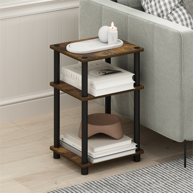 Furinno JUST 3-Tier Turn-N-Tube End Table in 1-Pack in Amber Pine/Black