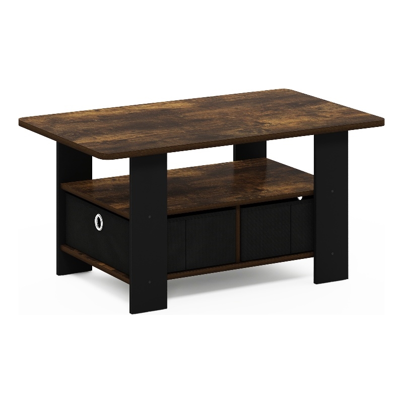 Furinno ANDREY Coffee Table with Bin Drawer in Amber Pine/Black