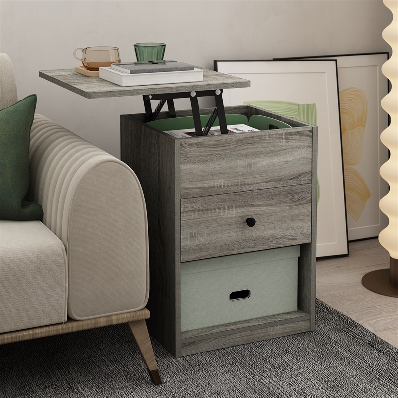 Furinno JENSEN Lift Top Nightstand in French Oak Grey