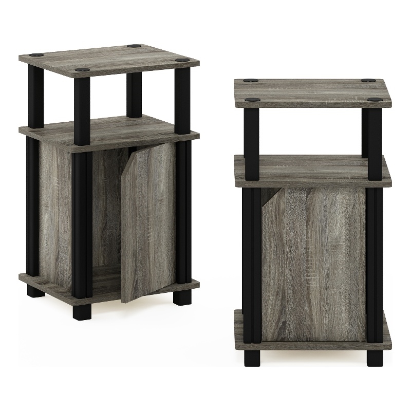 Furinno JUST 3-Tier End Table with Door Set of 2 in French Oak/Black