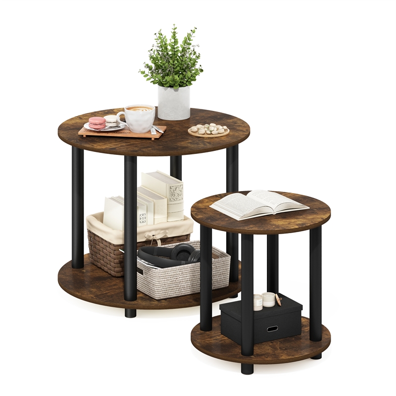 Furinno TURN-N-TUBE 2-Tier Round Wooden End Table in Amber Pine
