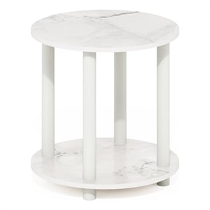 Furinno TURN-N-TUBE 2-Tier Round Wooden End Table in Marble White