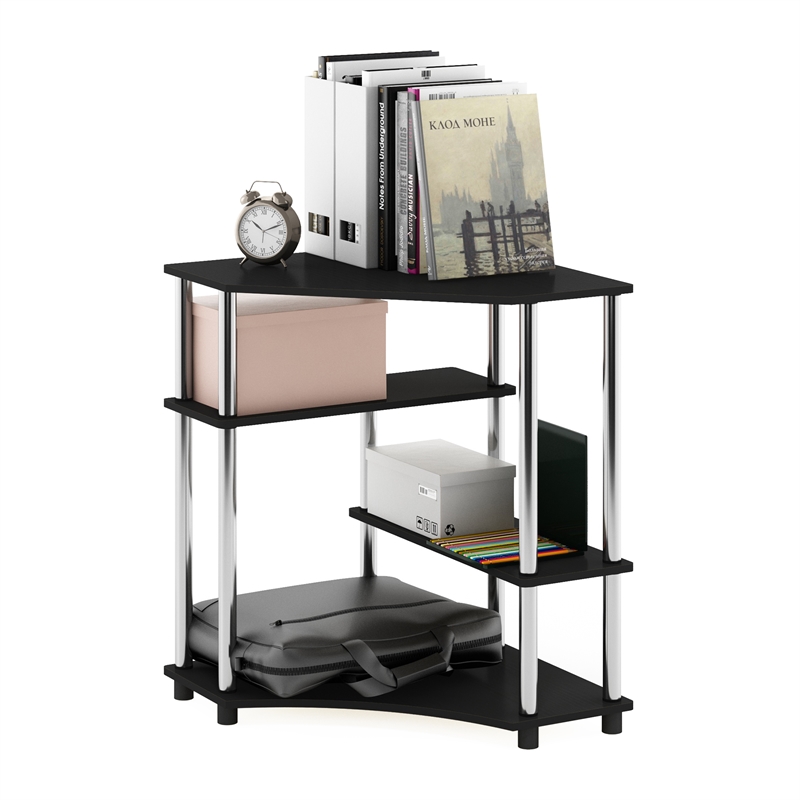 Furinno TURN-N-TUBE Corner Desk with Shelves in Americano Stainless Steel Tubes
