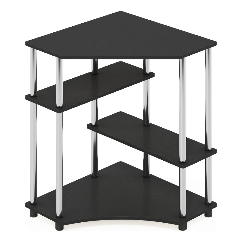 Furinno TURN-N-TUBE Corner Desk with Shelves in Americano Stainless Steel Tubes