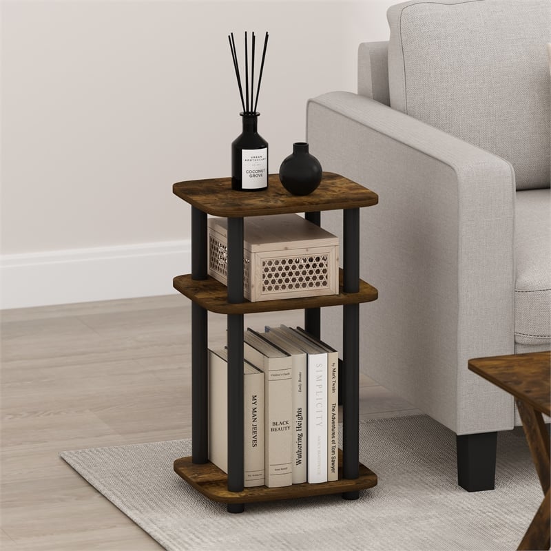 Furinno JUST 3-Tier Turn-N-Tube Curve End Table in Side Table Amber Pine/Black