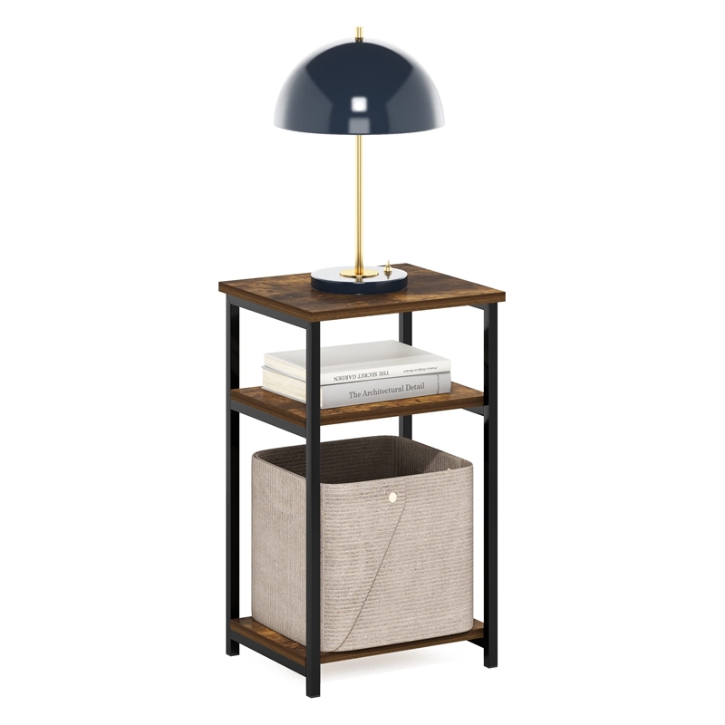 Furinno JUST 3-Tier Industrial Metal Frame End Table with Storage Amber Pine