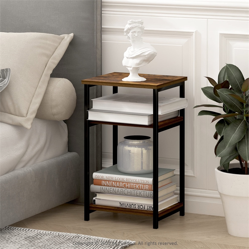 Furinno JUST 3-Tier Industrial Metal Frame End Table with Storage Amber Pine