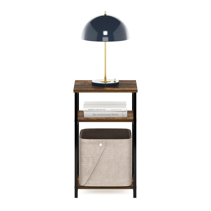 Furinno JUST 3-Tier Industrial Metal Frame End Table with Storage Amber Pine