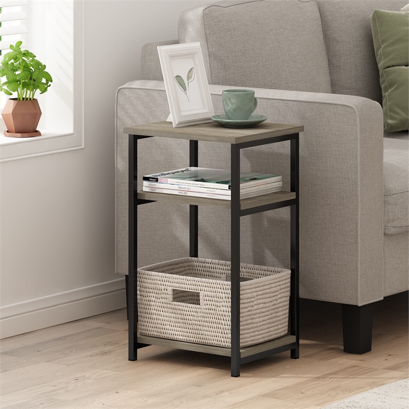 Furinno JUST 3-Tier Industrial Metal Frame End Table with Storage French Oak