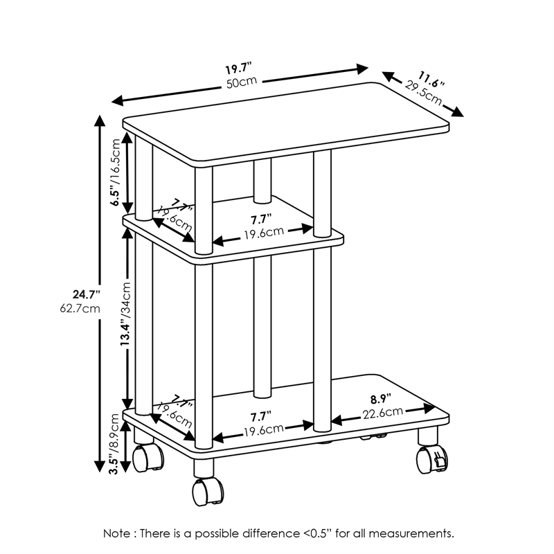 Furinno TURN-N-TUBE U Shape Sofa Side Table with Casters Stainless Steel Tubes