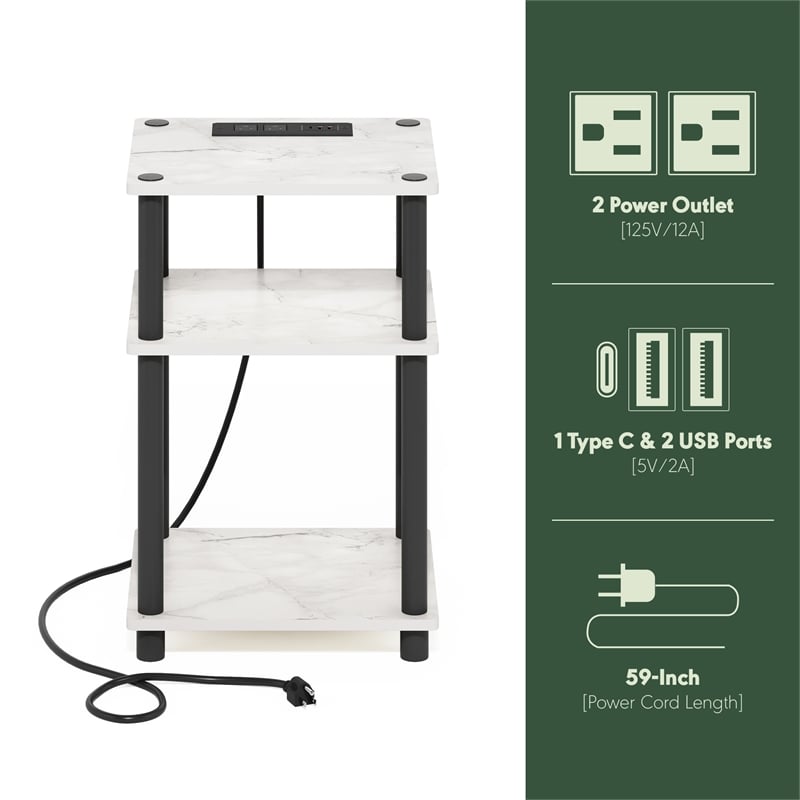 Furinno JUST 3-Tier Turn-N-Tube USB and Type-C Charging Port Marble White/Black