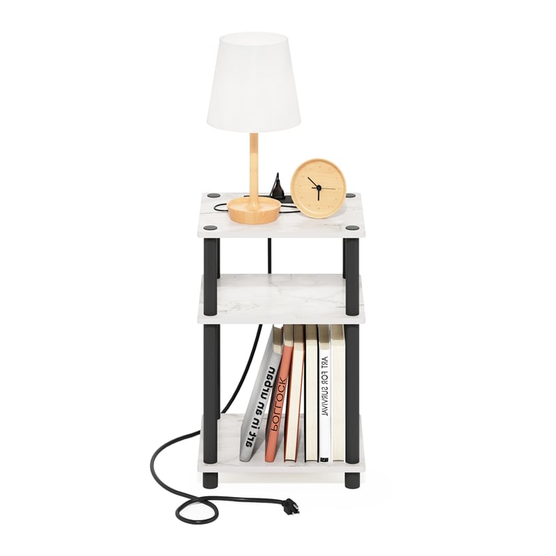 Furinno JUST 3-Tier Turn-N-Tube USB and Type-C Charging Port Marble White/Black