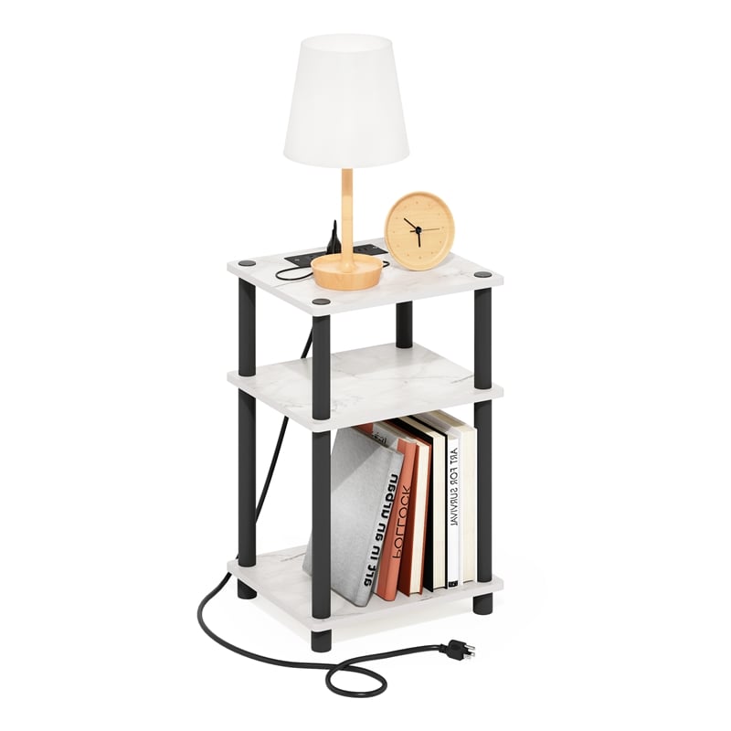 Furinno JUST 3-Tier Turn-N-Tube USB and Type-C Charging Port Marble White/Black